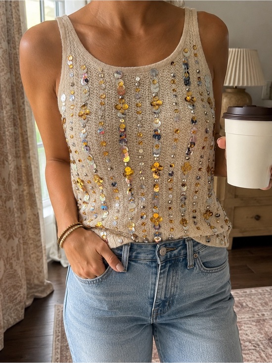 J. Crew Tops - J.Crew Collection Embellished Sequin Pointelle Sweater Tank Beige Size Medium